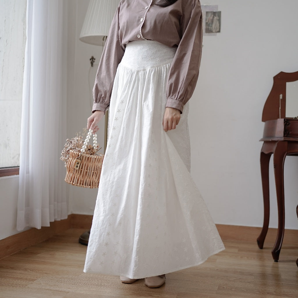Madebyhara - Yeji Skirt Rok Panjang Katun Bordir Putih Premium Korean Style Haraskirt